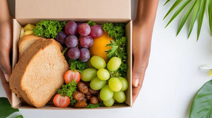 Top-Down Flatlay of Hands Holding Ramadan Iftar Food Box with Bread, Dates, Grapes, Strawberries, and Fresh Greens on White Background with Copy Space
