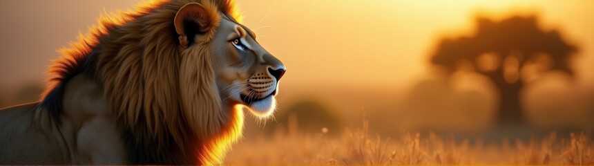 Lion in the wild with a tree in the background animal background banner copy space