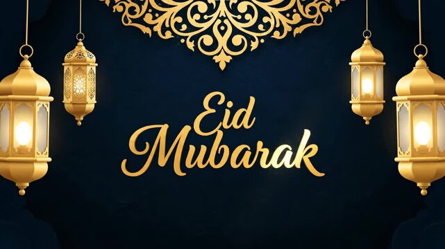 Eid Mubarak Greeting Card with Lanterns, and Islamic Background.