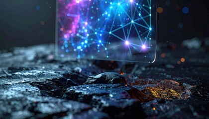 Futuristic Technology Display on Cracked Surface with Glowing Network.