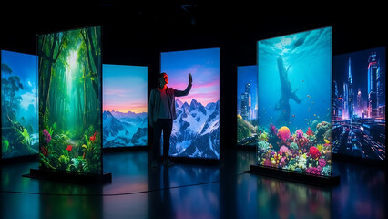 Person touching bright digital display panels showing vibrant nature scenes jungle mountains ocean and futuristic cityscapes