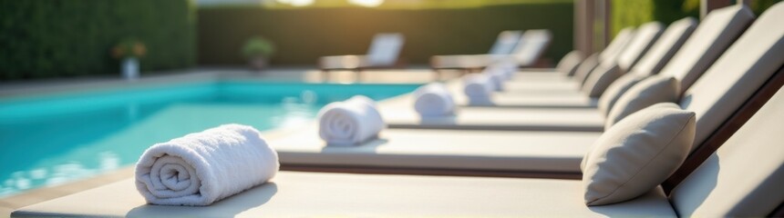 Towels are lined up on the edge of a pool with a sun shining travel concept copy space banner