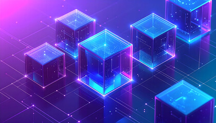 Futuristic digital network of interconnected glowing cubes symbolizing data, blockchain technology, and AI processing within a dynamic virtual space