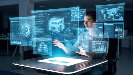 Young male interacting with floating holographic user interface screens displaying data charts and 3d building models