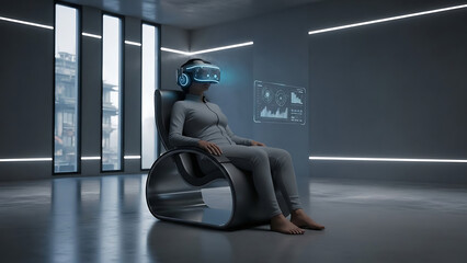 Person sitting in sleek modern chair wearing advanced virtual reality headset interacting with floating holographic data display