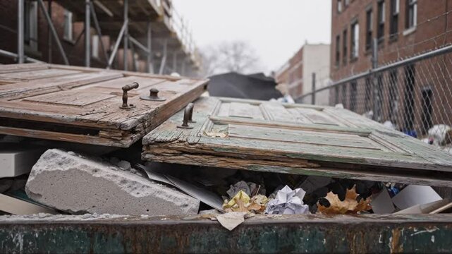 Weathered wooden doors and construction debris overflowing a dumpster outdoors near buildings, urban scene
