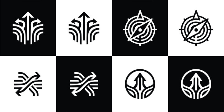 Vector Set of 4 Black and White of Abstract Strategy, Growth, and Directional Arrows Logos