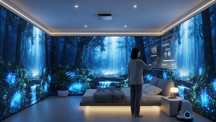 Woman interacting with holographic control panel in bedroom transformed by floor to ceiling immersive forest projection with glowing blue plants