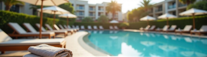 Towels are sitting on a table near a pool with a hotel in the background travel concept banner copy space