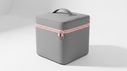 Cosmetic storage container with handle and zipper detail against a white background