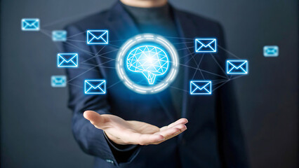 A businessman holding a glowing brain with email icons surrounding it in a dark background