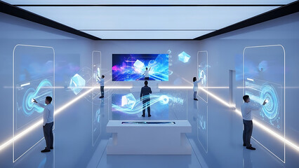 People interacting with holographic screens displaying digital data, futuristic exhibition hall with bright ambient lighting and modern design