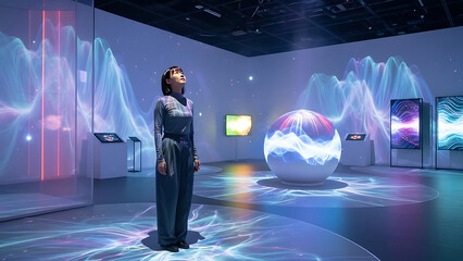 Woman looking up at immersive digital art projection of glowing mountains and abstract light waves covering walls and floor, interactive museum