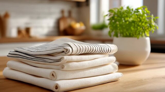 Stack of folded kitchen towels on wooden table in bright kitchen setting