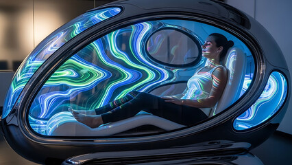 A woman relaxes inside a futuristic transparent capsule with glowing blue and green light patterns suggesting advanced therapy or rest technology