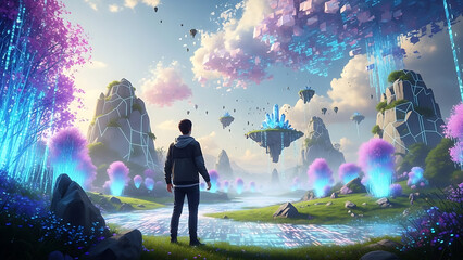 Man standing in vast surreal landscape looking at floating crystalline island representing digital metaverse fantasy world and advanced technological ecosystem