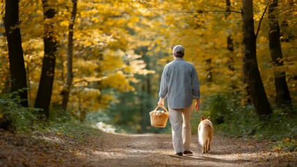 Male walking dog through autumn forest carrying basket in golden light