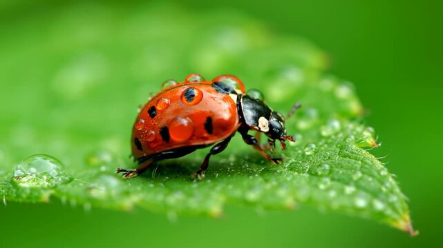 Close-Up Shows Ladybug Covered in Water Droplets Perched on Green Leaf's Surface.