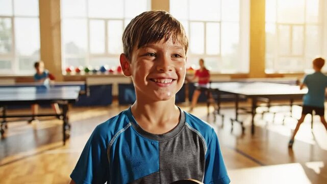 Young boy in blue shirt smiles at the camera during a ping pong game in a brightly lit gymnasium