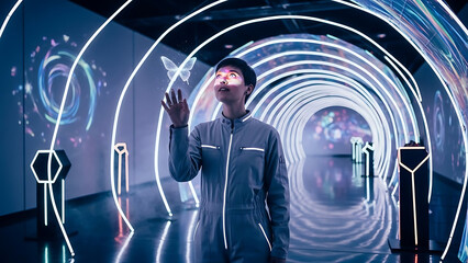 Woman interacts with holographic butterfly inside futuristic immersive digital light tunnel environment with neon glow