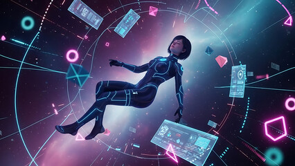 Woman in sleek cyber suit floating in cosmic space surrounded by geometric shapes glowing particles and holographic data interfaces symbolizing digital connectivity
