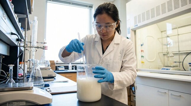 Scientist in lab coat and goggles mixes liquid in beaker with stirring rod under fume hood