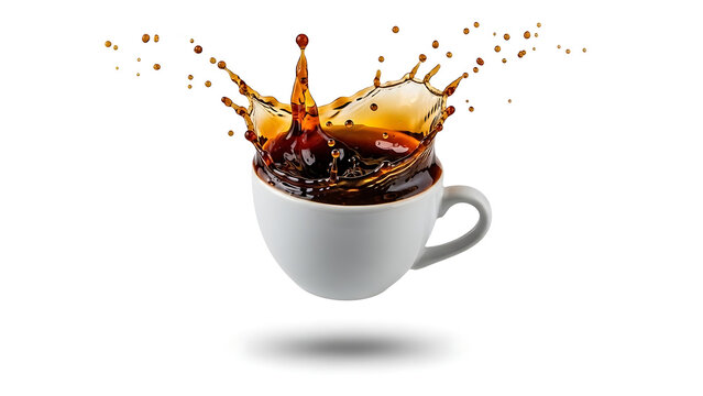 hot coffee splashing out of cup in dynamic motion, energetic caffeine drink concept, rich brown liquid action, creative beverage photography, isolated studio background