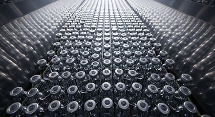Rows of sterile glass pharmaceutical vials with silver caps move along a factory conveyor belt