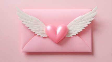 Fototapeta premium Pink envelope with heart and wings design, symbolizing love and affection for Valentine's Day celebrations and romantic gestures