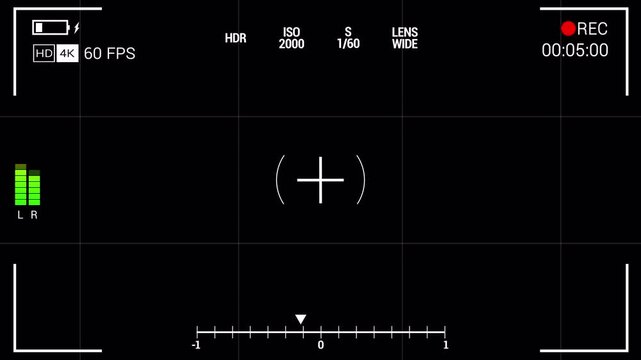 Camera DSLR Viewfinder HUD Square Recording Overlay Alpha Channel White Frame Grid Crosshair Audio Meter Gyro Level Rec Timer HDR ISO Shutter Lens Info 4K Transparent Background