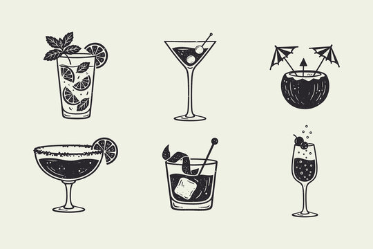 Vintage Hand Drawn Cocktail Collection: Set of Six Iconic Alcoholic Beverage Illustrations