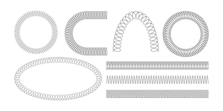 Spiral spring set. Metal wire coil spring icon collection. Thin zigzag waves symbol. Flexible coil shapes. Loop line pattern. Vector illustration isolated on white background. 