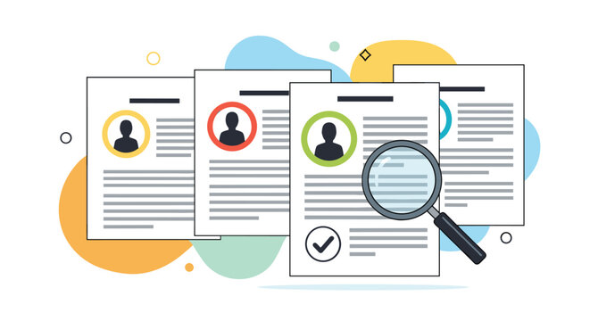 Professional human resources concept showing a magnifying glass reviewing multiple resumes and curriculum vitae job documents.