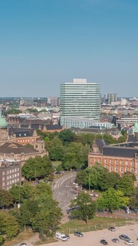 Aerial timelapse of Hamburg, Germany, highlighting the Hanseatic Higher Regional Court at Sievekingplatz in St. Pauli. Stunning city skyline panorama from the bunker viewpoint with historic charm