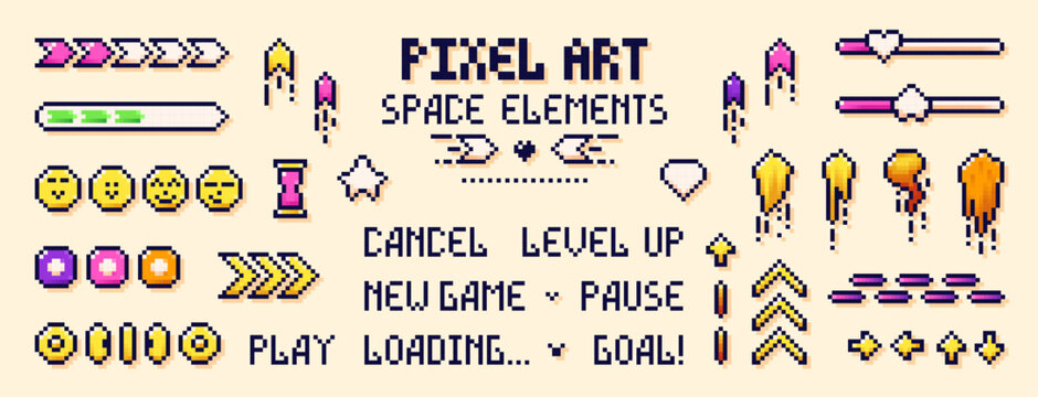 Pixel art space elements. Color images of lasers trases, mini spaceships, jet streams, and other game elements.