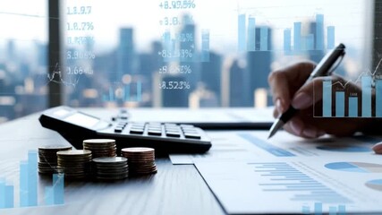 Business Professional Analyzing Financial Data with Calculator and Charts Featuring Animated Digital Infographic Overlays in a Modern Office - Powered by Adobe