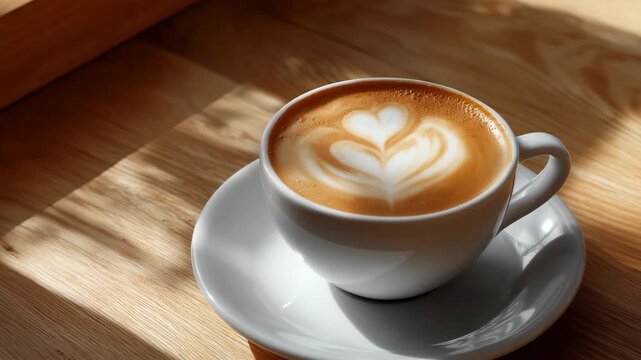 Cappuccino with heart latte art on sunlit wooden table