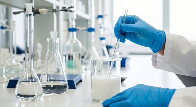 Scientist in blue gloves stirs white liquid in beaker surrounded by laboratory glassware and equipment