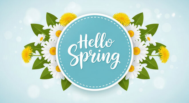 Colorful floral illustration with the text "Hello Spring" surrounded by daisies and dandelions on a light blue background with soft bokeh effects