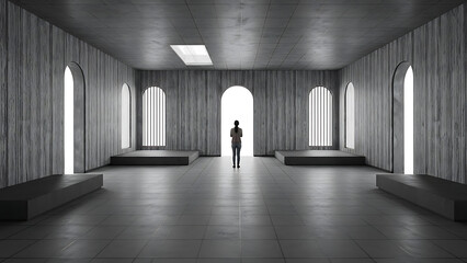 Single figure standing center of large empty monochrome hall with high vaulted ceilings wooden textured walls and symmetrical arched windows and doorways leading to light