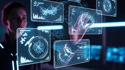 Woman interacting with transparent holographic data interface displays showing complex geometric network diagrams and graphs in dark digital setting