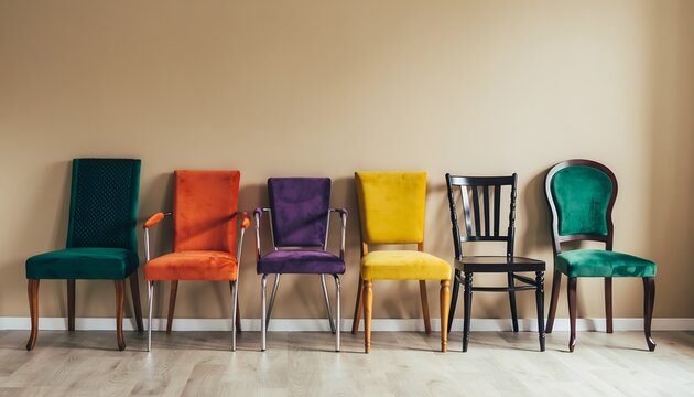 Colorful chairs line up against a neutral wall and light-colored floor