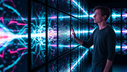 Man touching wall of interconnected screens displaying abstract digital patterns, concept for data analysis and technology