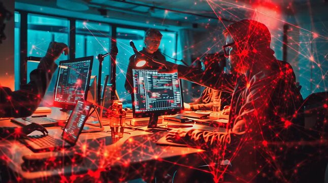 Group of developers working in office, around black with connections in cyberpunk style,