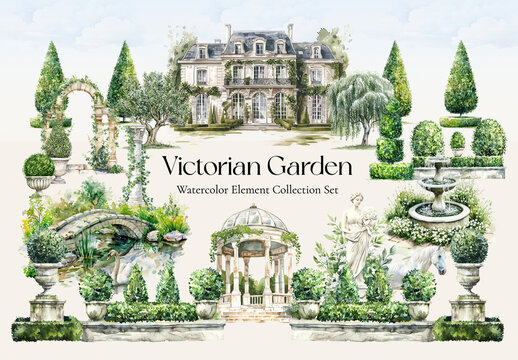 Elegant Victorian Garden Watercolor Elements Design Set