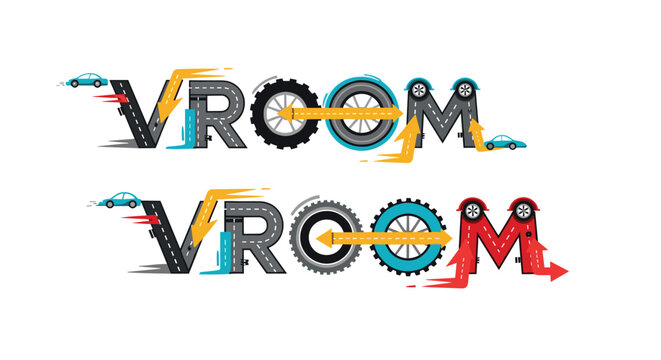 Dynamic typography illustration of the word vroom using road textures car wheels and moving vehicle icons in two color versions.