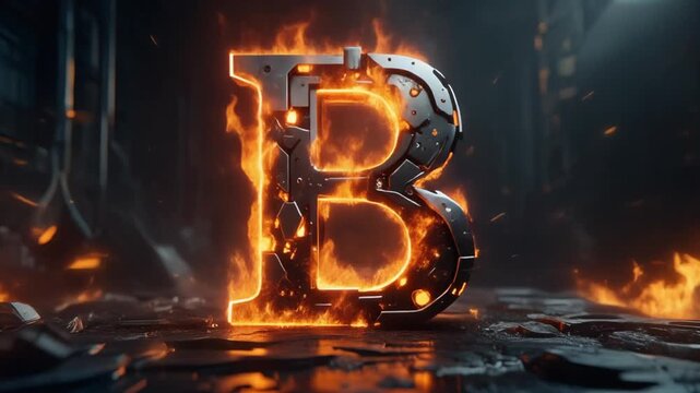 A glowing metallic letter B enveloped in powerful orange flames against a dark gritty background