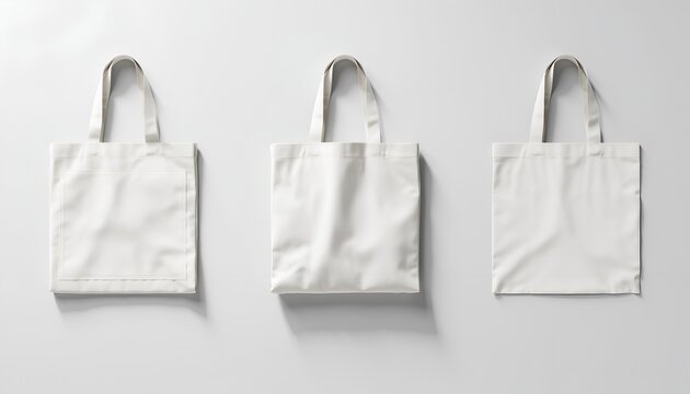 Three blank, white tote bags arranged against a light-grey, seamless backdrop