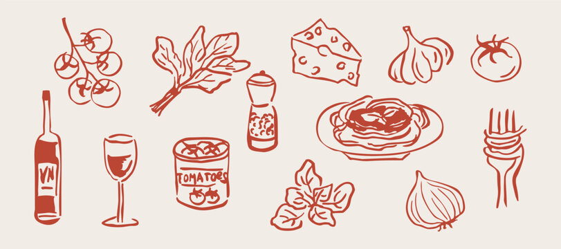 Doodle hand drawn tomato pasta and wine