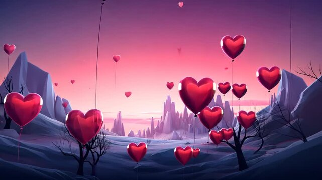 Valentine Day greeting card with surreal romantic landscape full of hearts